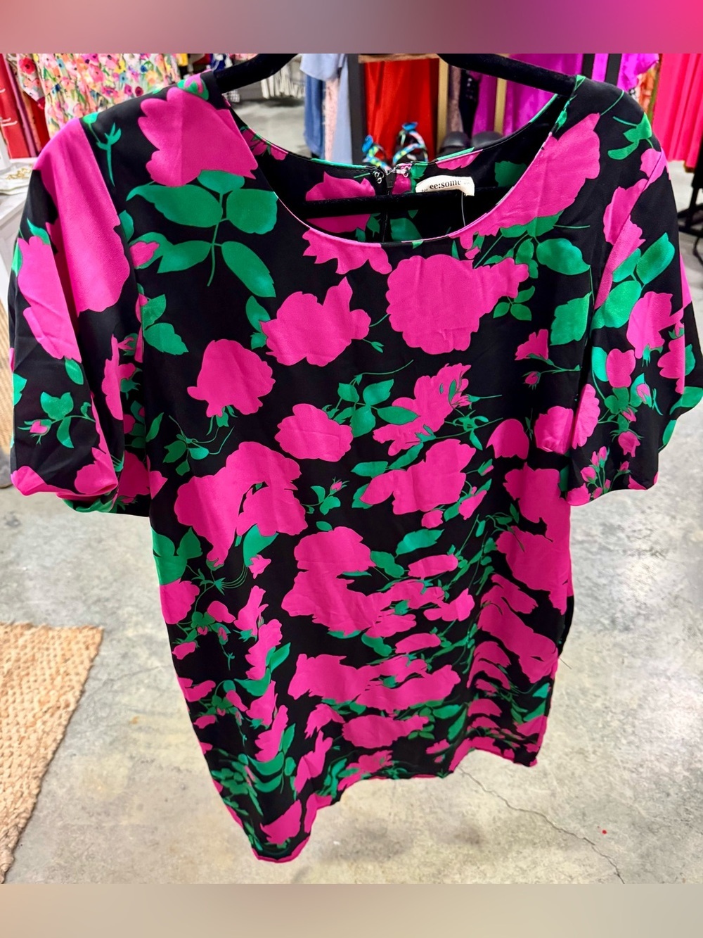 eesome Black Dress with Bold Pink Floral and Green Leaf Print